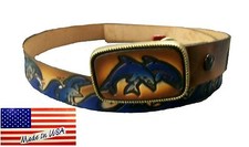 Belt Dolphin Blue Design with Buckle Cowhide Leather Custom Embossed Made in USA