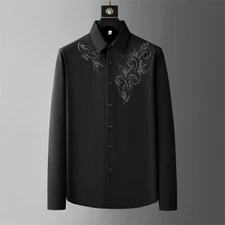 New Luxury Men Diamond Rhinestones Flower Fashion Button-Down Shirt High Quality