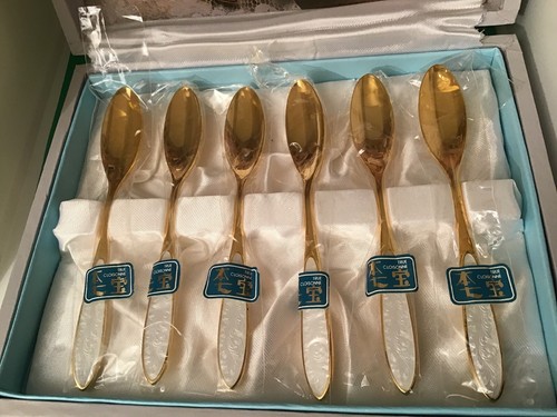 Hinode Cloisonné ‘6 Gold Plated Cake Spoons With White Floral Enamelling, Boxed - Picture 2 of 12