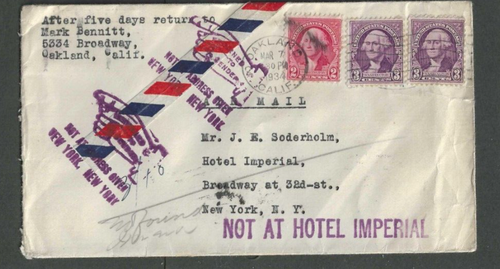 1934 Air Mail Cover To Oakland Ca W/Return Finger Stating Not At Hotel Imperial- - Picture 1 of 1