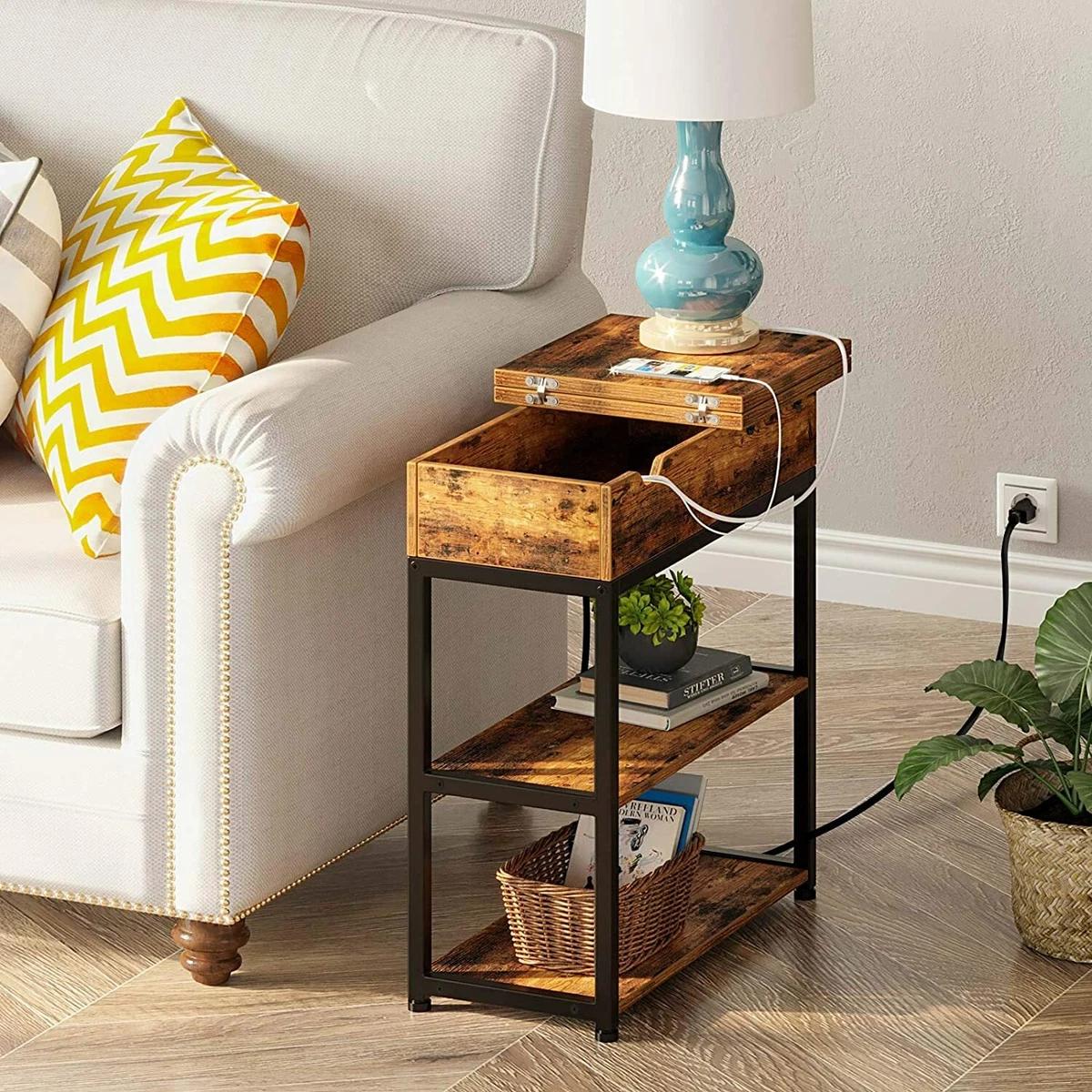 Wood End Table Rustic Side Table Narrow Stand USB Ports For