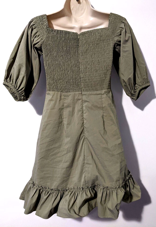 Vestido para mujer OLIVACEOUS manga abullonada talla pequeña mezcla de algodón oliva usado en excelente estado Foto 4 de 4