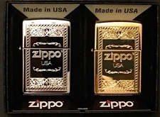 Zippo Collectors Set Of 2 Logo Frame Lighters, Chrome and Brass, New In Dual Box