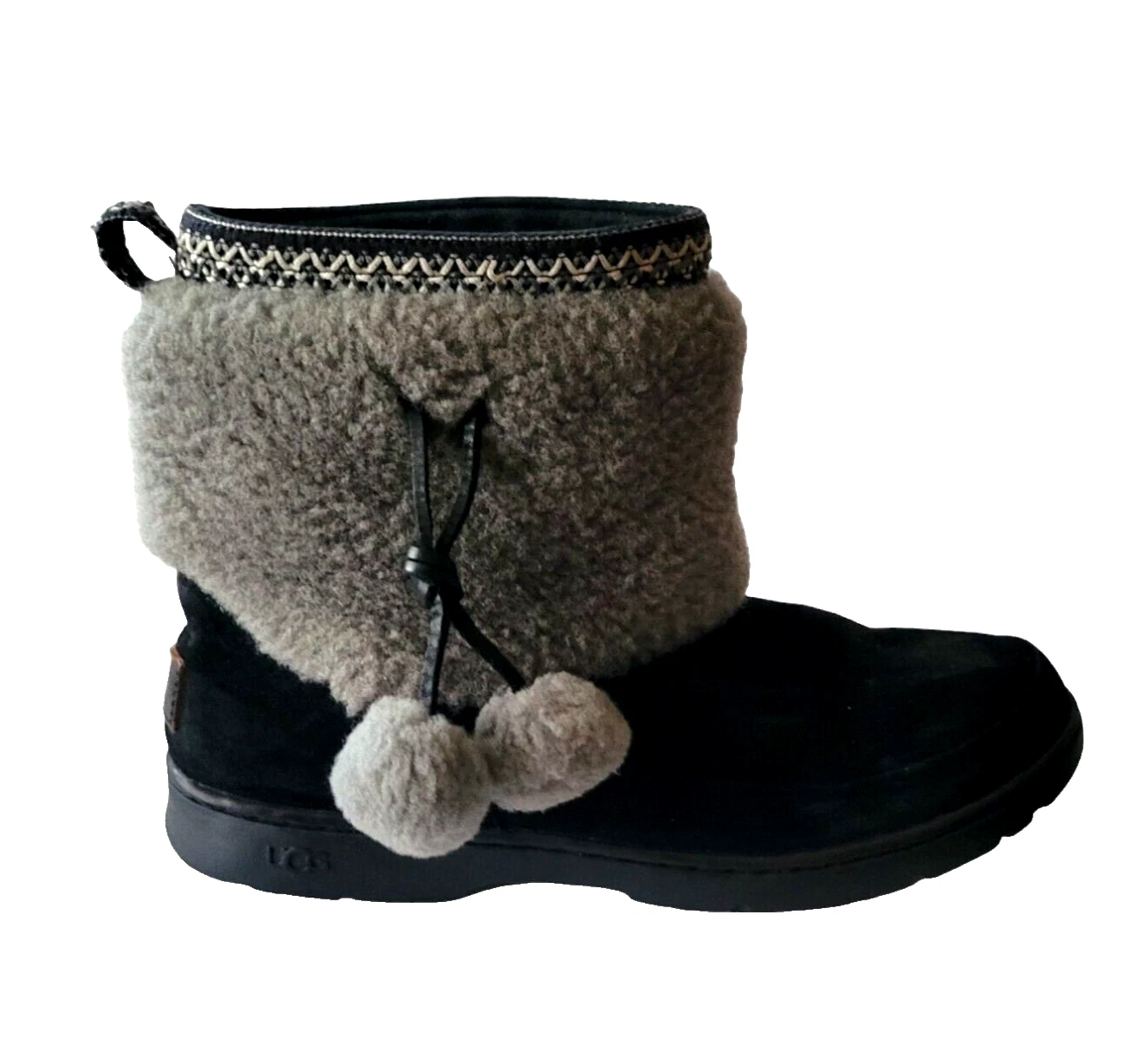 Stivali da donna neri Ugg Brie in pelle di pecora pompon impermeabili in pelle scamosciata taglia 9