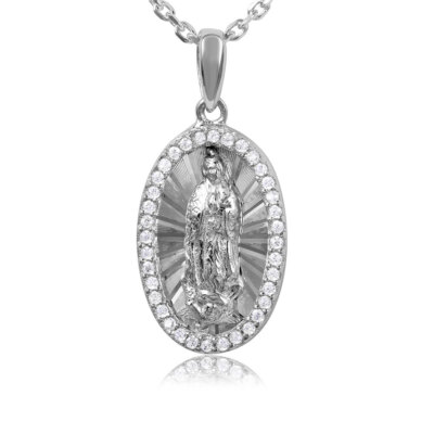 SAINT MARY MEDALLION NECKLACE SIMULATED DIAMONDS / 925 STERLING SILVER  / 18'' 