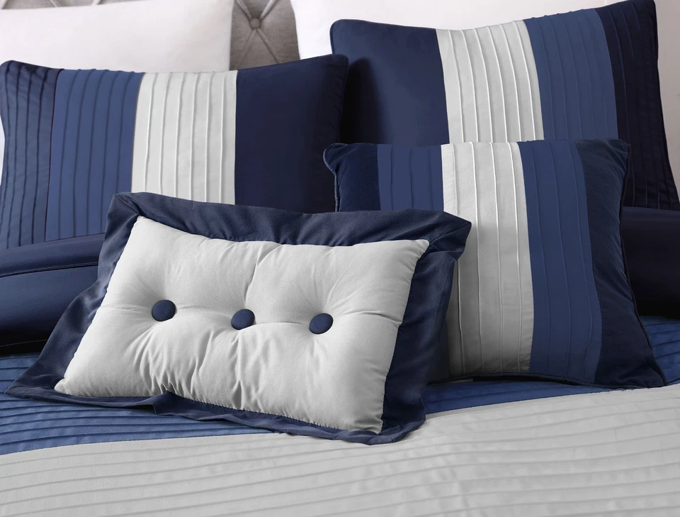 8-Piece Navy Blue Gray Pleated Bedding Set Luxury Striped Comforter Set - Image 2 of 4