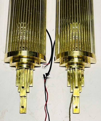 Large Mid Century 1920’s Art Deco Brass & Glass Rod Wall Light Fixture Lot of 2 - Picture 7 of 10