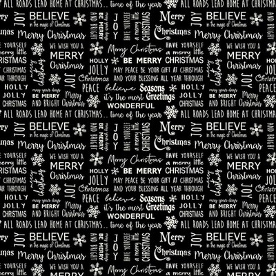 Jingle Bell Flannel Fabric | Christmas Words Black White | Benartex YARD