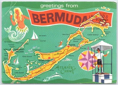 Vintage Bermuda Map Postcard - John Hinde Original - Mermaid & Officer