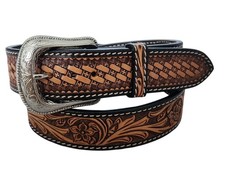 Western Ranger Saddle Tan Leather Belt Tooled Basket Weave Floral Billet Size 34