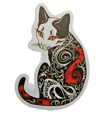 Tattooed Cat Sticker-decal-vinyl-white-black-red-tribal-art-free Stickership