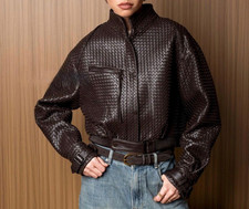 Handwoven Leather Cropped Jacket | Braided Genuine Leather