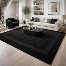 Hand Tufted Black Wool Rug  Modern Minimalist Border Design Area Rug Carpet
