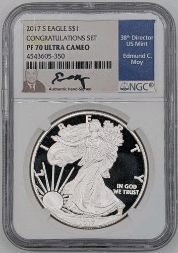 2017 S American Silver Eagle NGC PF70 Ultra Cameo Congrat. Set Edmund Moy Signed