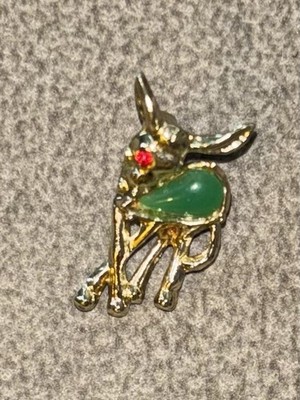 VTG Gold Tone Deer Green Jelly Belly Red Eye Rhinestone Brooch/Pin