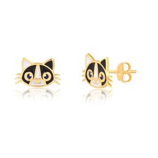 14k Gold Cat Face Earrings Enamel Studs with Backs