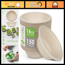 100% Compostable Paper Bowls 16 oz - 150 Eco-Friendly Disposable, Sturdy & Heat