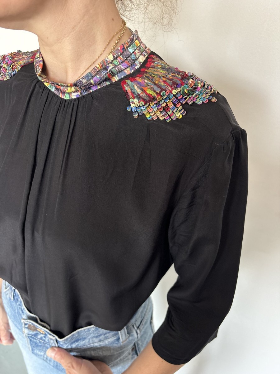 DRIES VAN NOTEN black silk blouse with sequin embroidery detail View 2