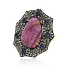 Vintage Diamond Sapphire 18K Gold Silver Statement Ring Women Antique Jewelry