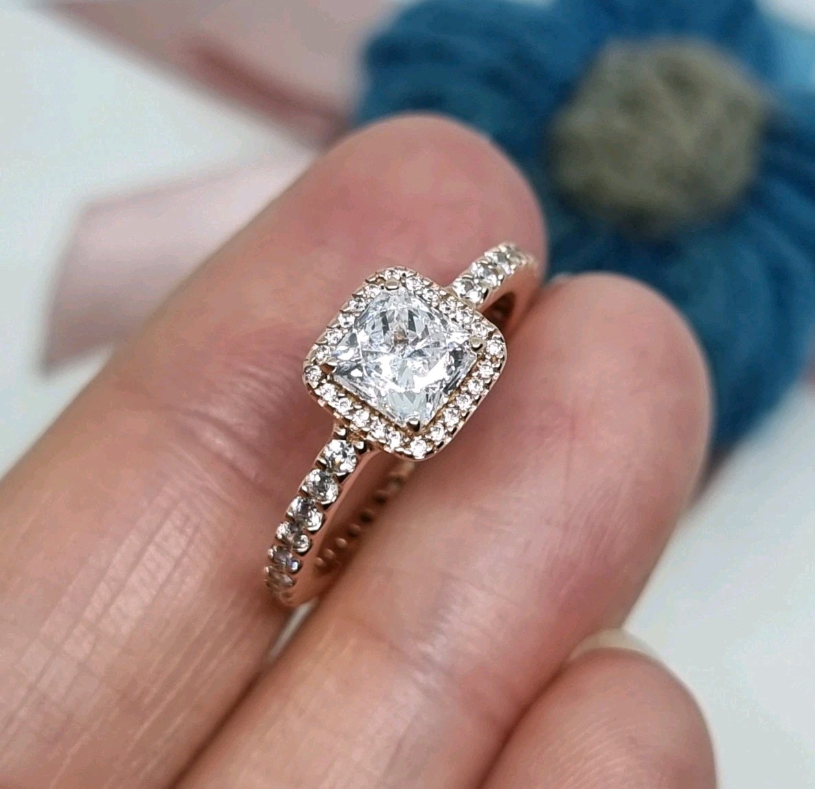 NEW BOXED Genuine Pandora Rose Gold Square Sparkle Halo Ring