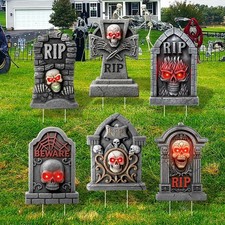 6Pcs Halloween Decorations Outdoor Scary Skull Tombstone Yard Signs with Stakes