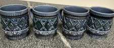 4 Vintage Stylecraft Japan Tiki Design Ceramic Coffee Cups Blue Stackable