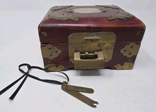 Antique Chinese Jewelry Box~ Wood~ Brass~ Jade~ Red Silk Lining Padlock & Key