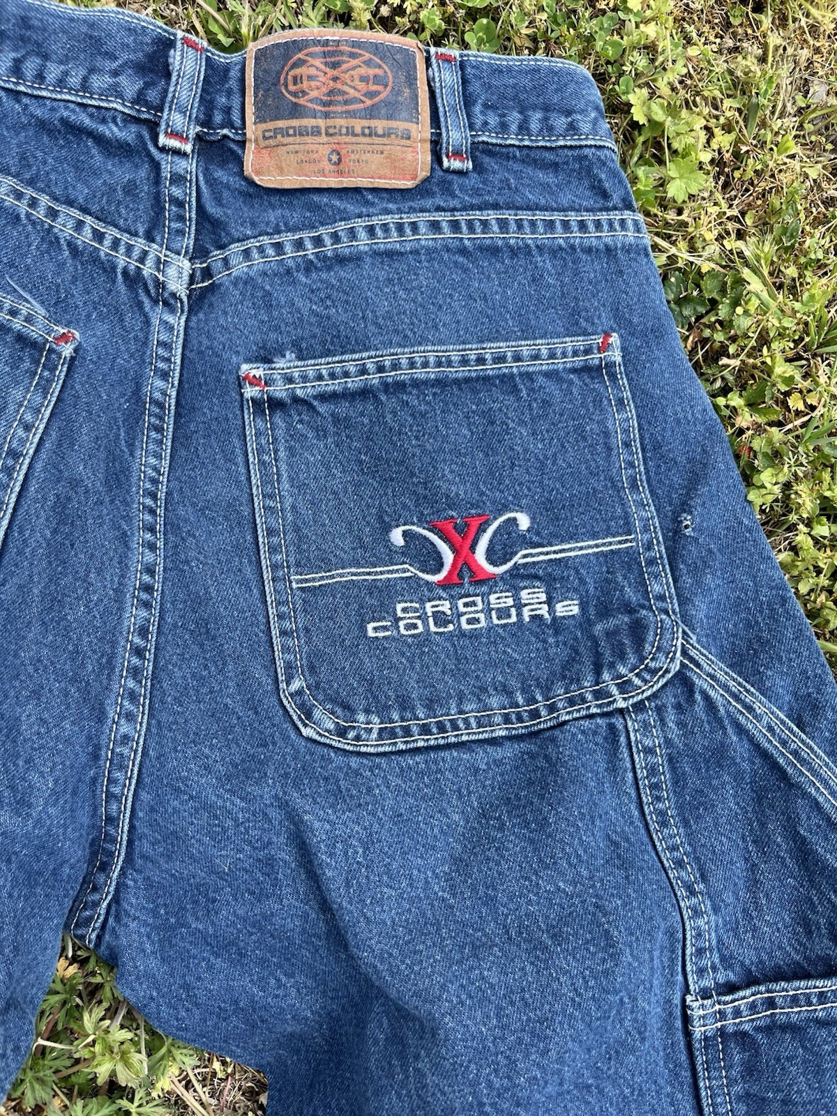 Cross Colours Blue Denim Baggy Men's Shorts Embroidered Logo