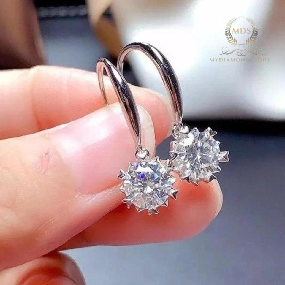 Solid 14K White Gold Moissanite Drop/Dangle Earrings 2 Carat Round Brilliant Cut - Image 4 of 4