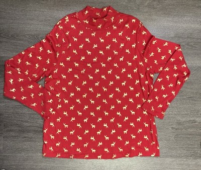 White Stag 2XL Top Red Mock Neck Gold Reindeer Print Holiday Long Sleeve  X-Mas