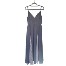 Hayley Paige Occasions Pewter Grey Lace Chiffon Bridesmaid Maxi Dress Gown, Sz 4