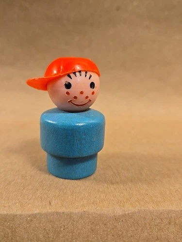 Vintage Fisher-Price Little People Turquoise Wood Body Happy Capped Boy