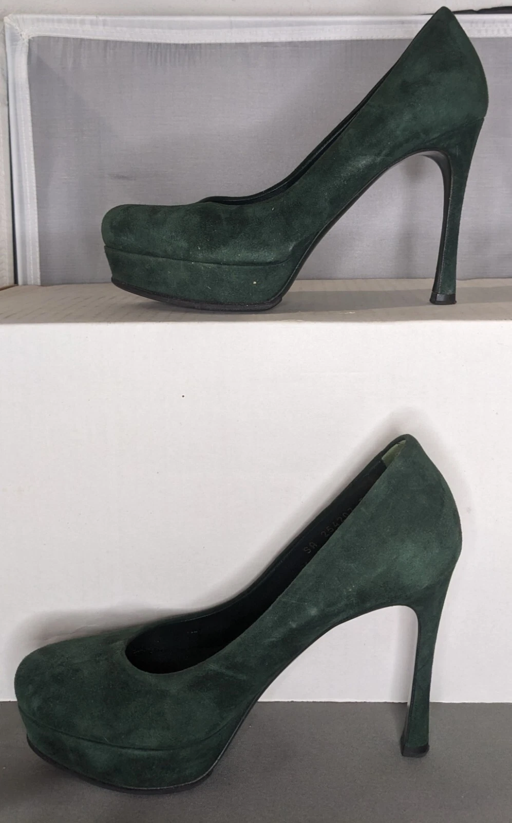 SAINT LAURENT (YSL) Scarpe decolte donna Yves St. Laurent Hunter verde scamosciato plateau tacco 4" misura 6