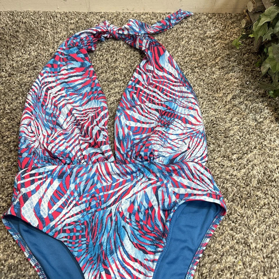 Victorias Secret One Piece Halter Neck Swimsuit Palms Floral Sz S Blue Gray New - Image 2 of 4