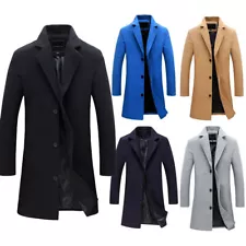 Mens Winter Trench Coats Outwear Overcoat Long Sleeve Button Up Wool Coat Jacket