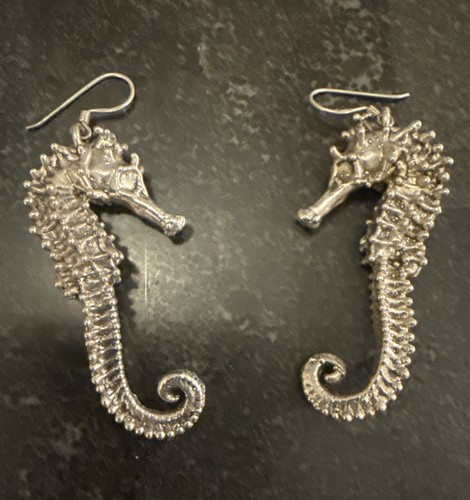 Sterling Silver 925 Dangle Seahorse Earrings E&L Design 2” Electroform Israel