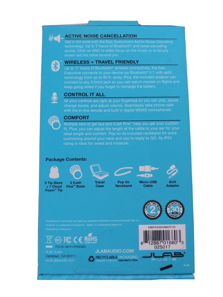 JLab Audio Epic Executive Wireless Noise Cancelling In-Ear Headphones - White - Image 2 of 4