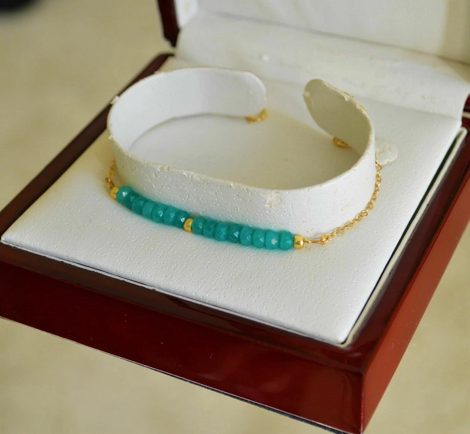 Hermoso Brazalete Delicado Natural Facetado Verde Esmeralda Oro Amarillo 14K Foto 4 de 4