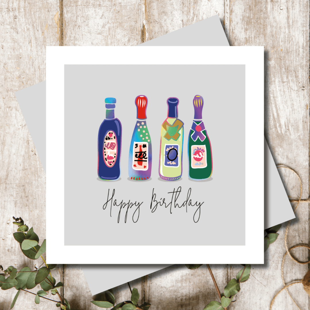 Wine Birthday Card Alcohol Bottles Bubbly - Stylish Illustrated Greeting Card