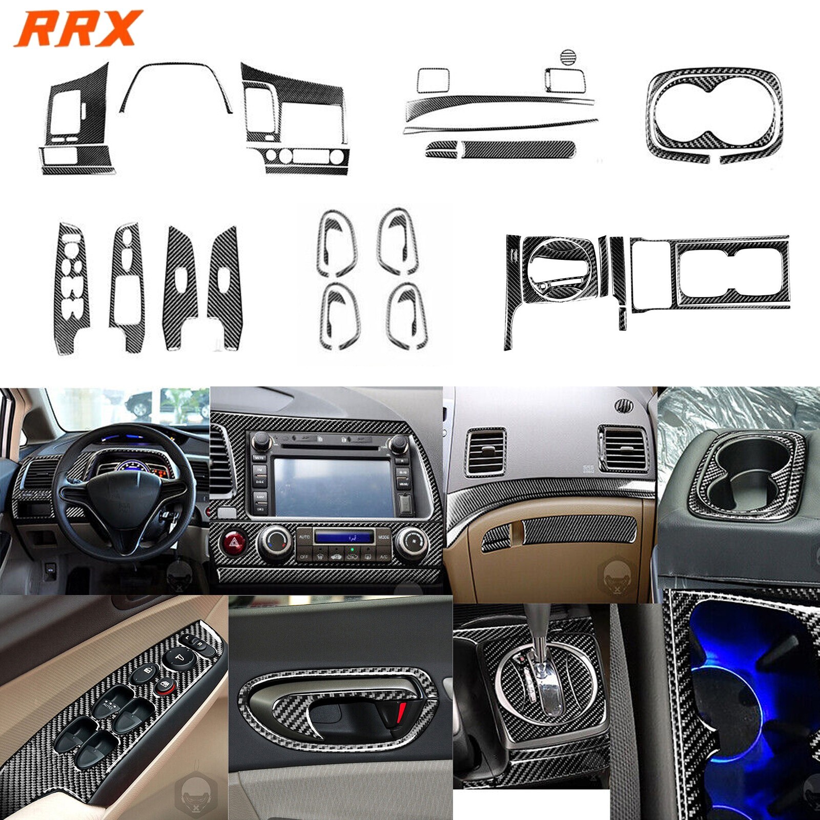 39Pcs Real Carbon Fiber Interior Full Set Cover Trim For Honda Civic 8th 2006-11