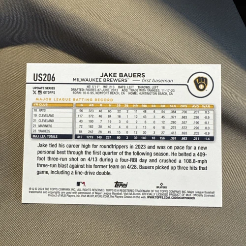 2024 Topps Update #US206 Jake Bauers Milwaukee Brewers image 2