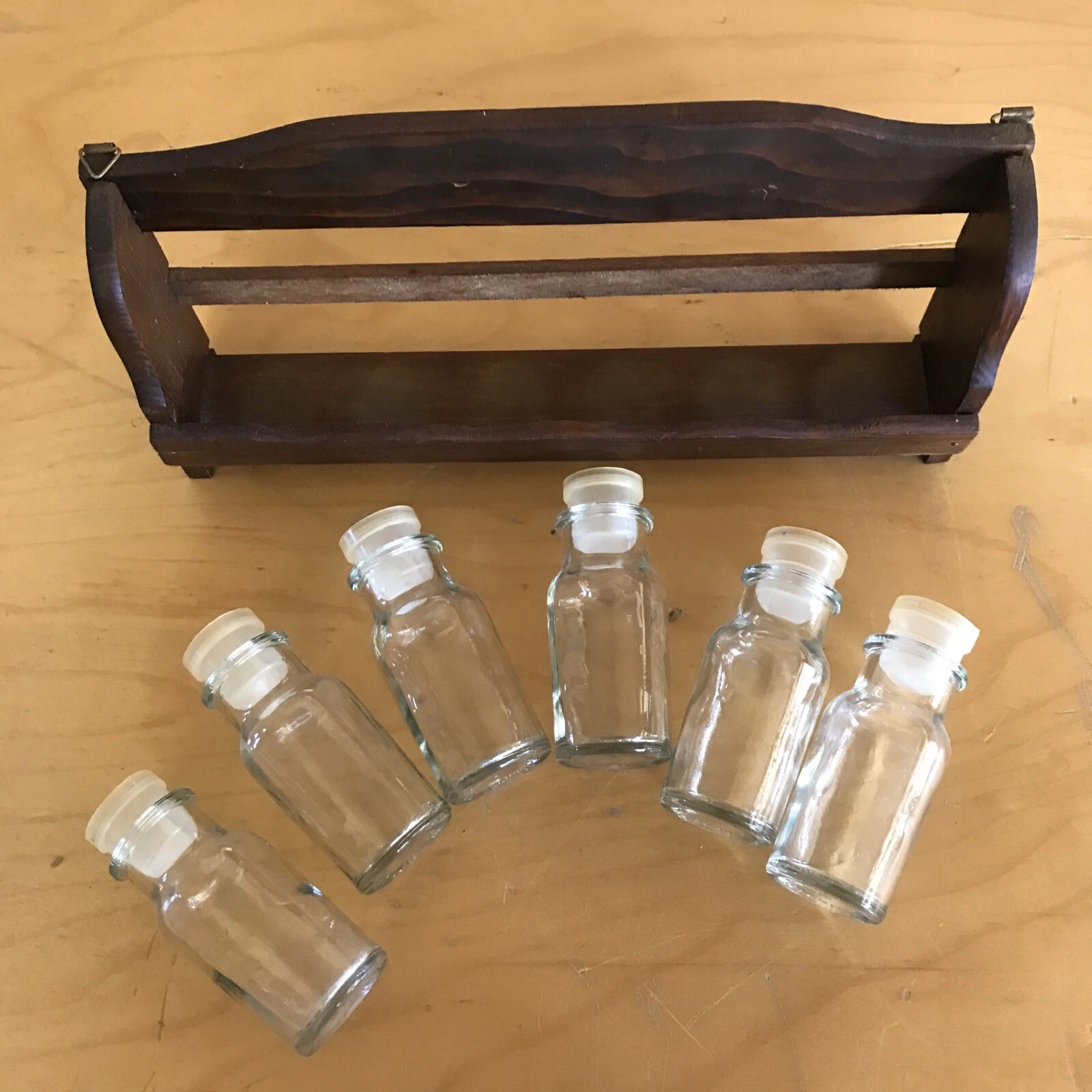 Spice Rack Vintage Wood with 6 Glass W/lid Apothecary Spice Jars