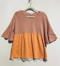 Umgee Top Womens Small Orange Babydoll Slub Knit Ruffle Sleeve Floral Lace Boho