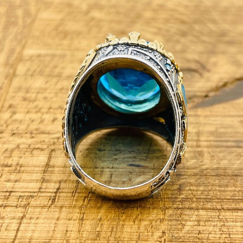 Silver Mens Ring, Blue Aquamarine Oval Stone Ring, Turkish Handmade Jewelry - Picture 8 of 9