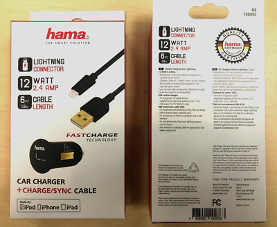 2X HAMA 2.4 Amp iPhone iPad Car Charger w/ 6FT Heavy Duty MFI Lightning Cable