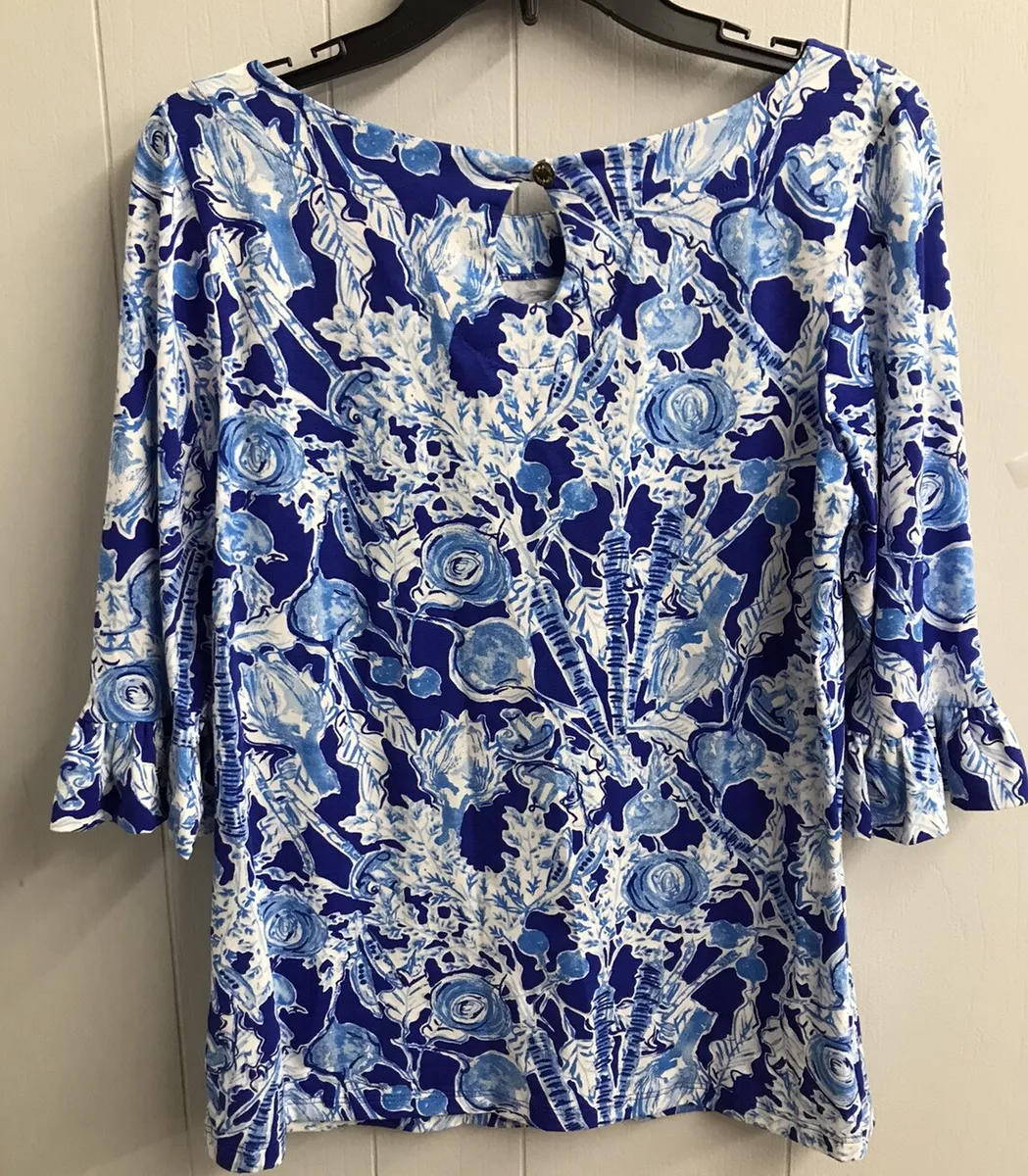 LILLY PULITZER WAVERLY RUFFLE TOP ROYAL PURPLE PRETTY PEAS. SIZE
