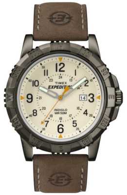 Timex T49990, Men's Expedition Brown Leather Watch, Indiglo, Date, NEW