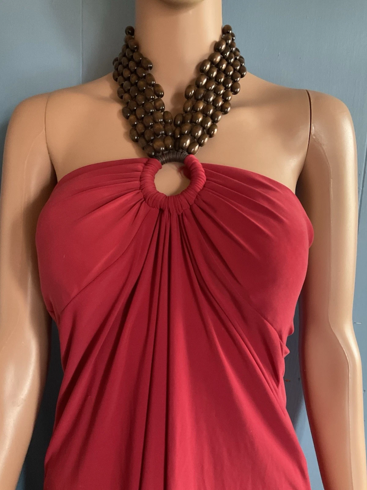 Vintage Y2K Exotic Little Red Dress Sexy With Wooden Beads By Studio Y Sz Large