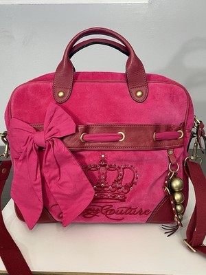 Juicy Couture Y2K Hot Pink Velour Bow Satchel Bag Rhinestone Crown