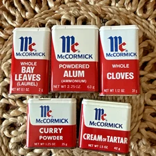 Vintage McCormick Spice Tins Lot of 5 – 1970's Alum, Cloves, Bay Leaves, Curry
